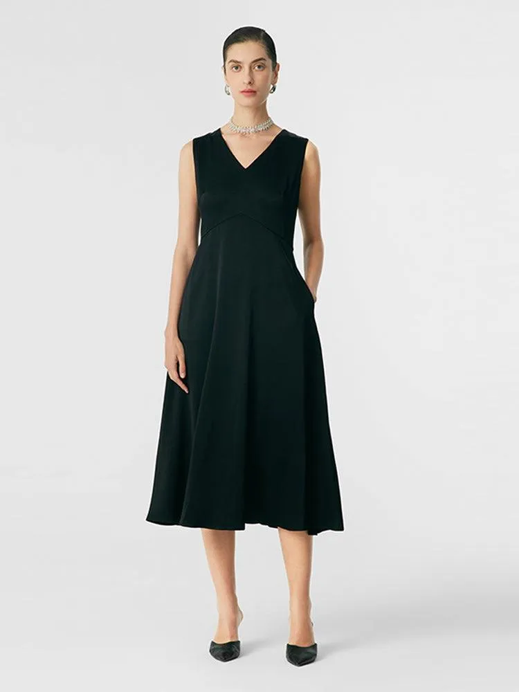 Black Triacetate Gathered Waist V-Neck Dress