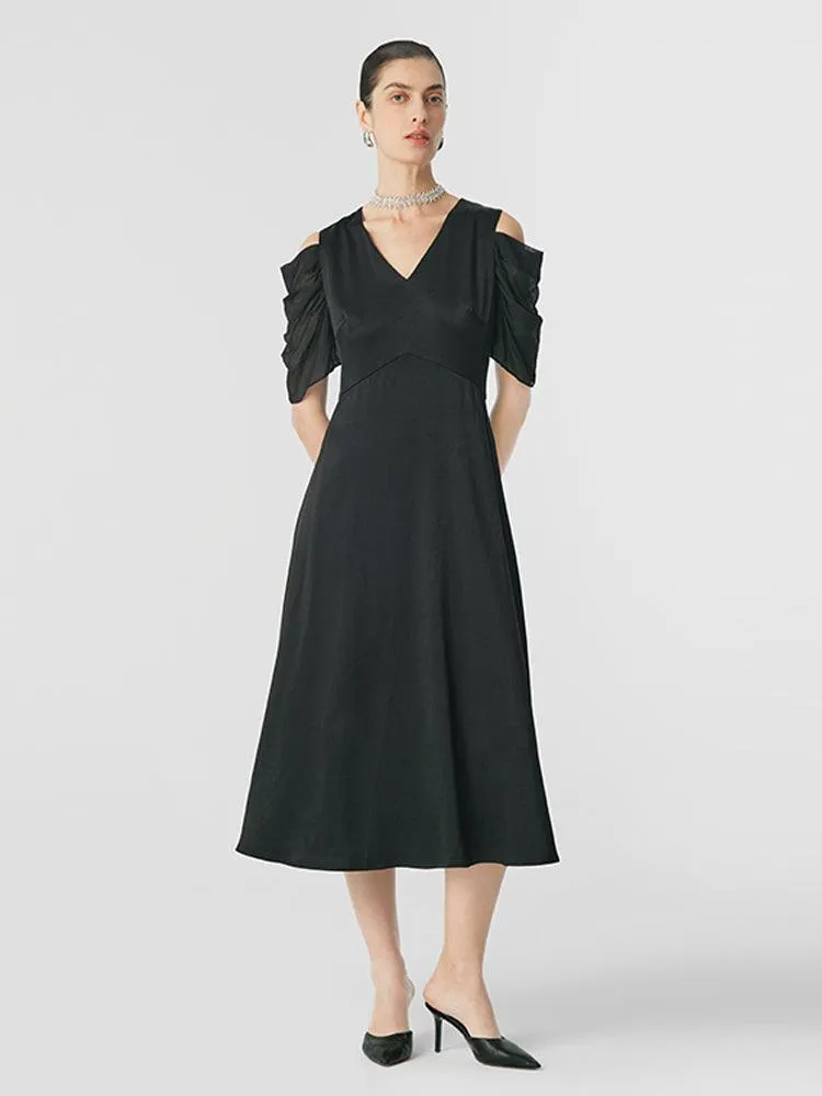 Black Triacetate Gathered Waist V-Neck Dress