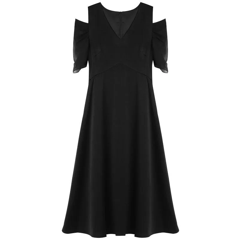 Black Triacetate Gathered Waist V-Neck Dress