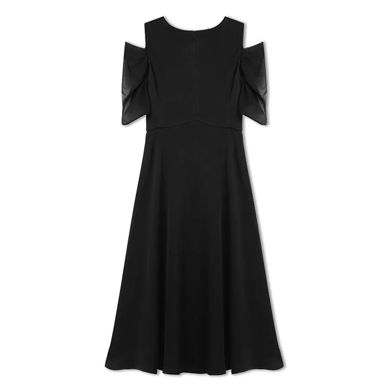 Black Triacetate Gathered Waist V-Neck Dress