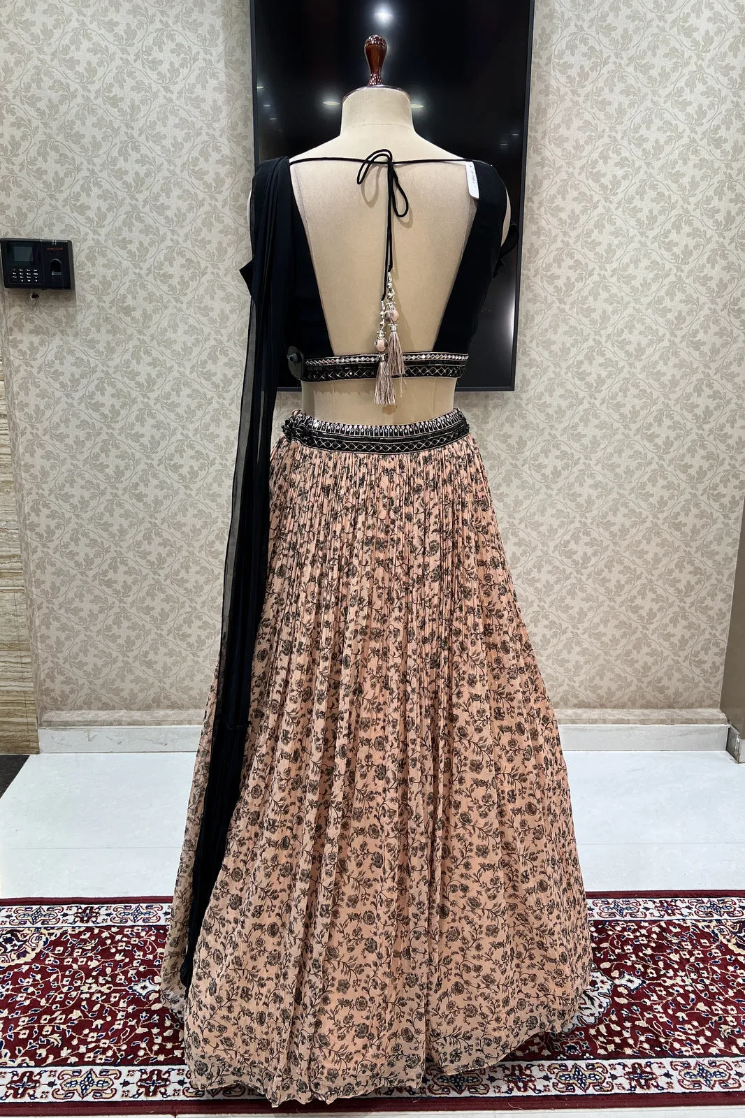 Black with Peach Mirror, Beads and Sequins work with Digital Print Crop Top Lehenga