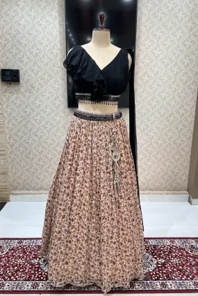 Black with Peach Mirror, Beads and Sequins work with Digital Print Crop Top Lehenga