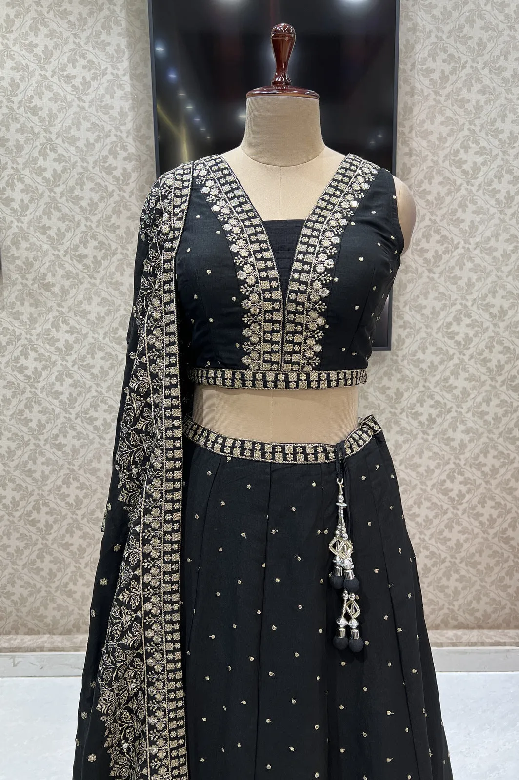 Black Zari and Sequins work Crop Top Lehenga