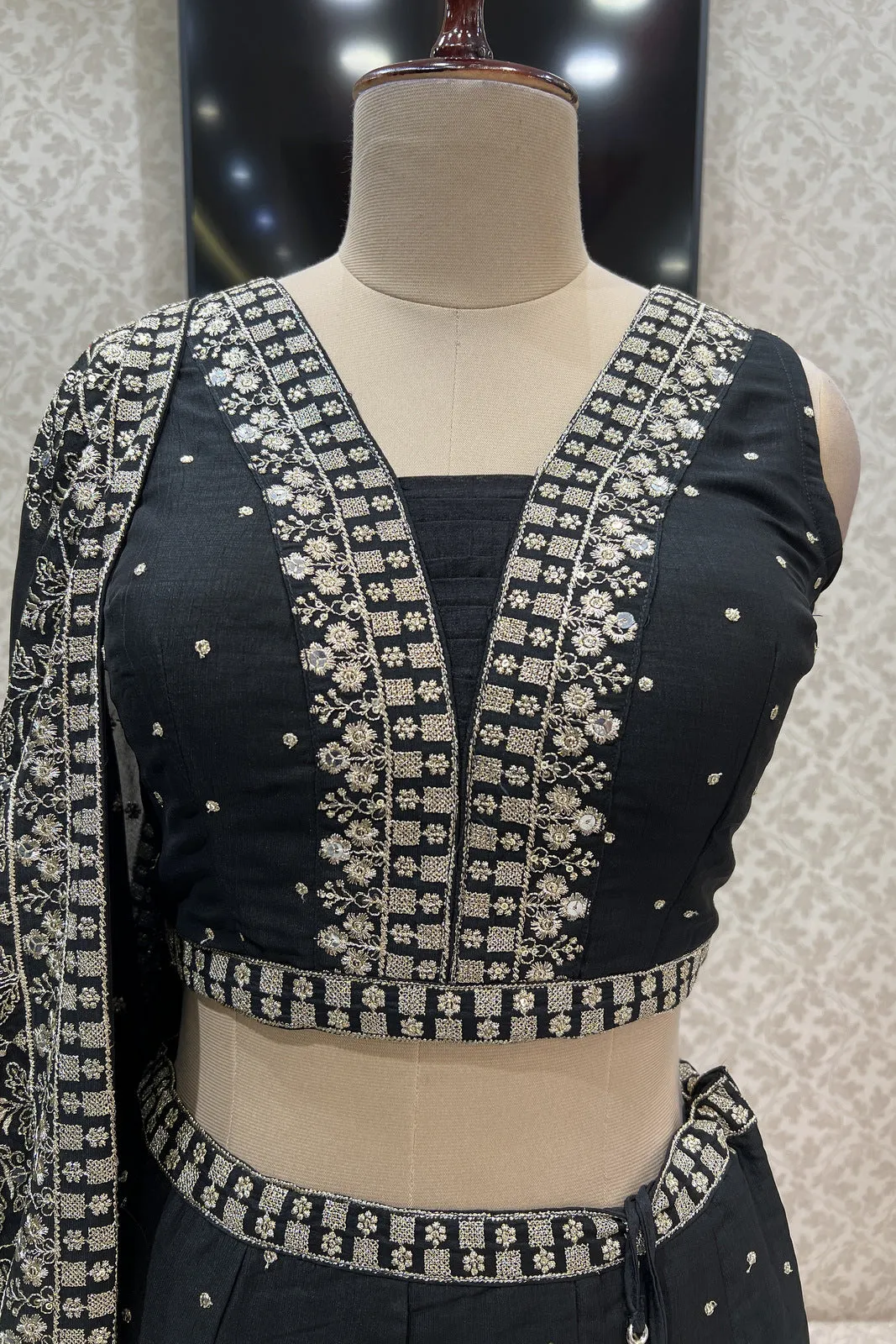 Black Zari and Sequins work Crop Top Lehenga