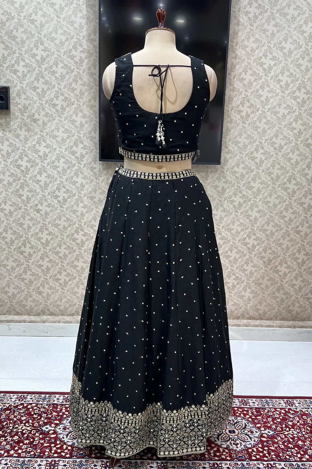 Black Zari and Sequins work Crop Top Lehenga