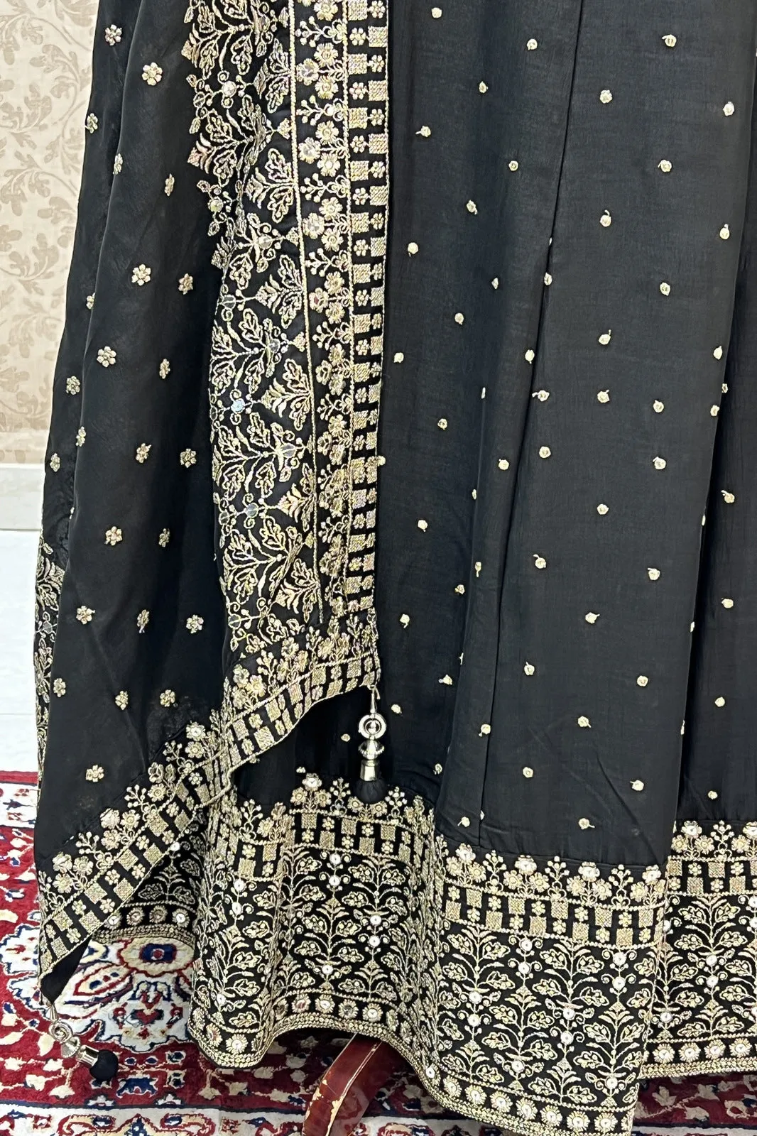 Black Zari and Sequins work Crop Top Lehenga