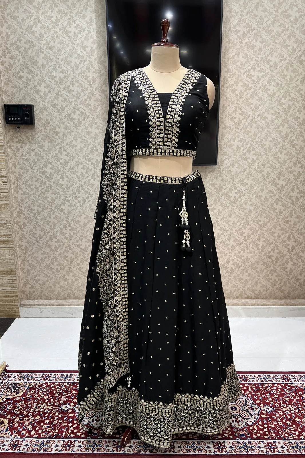 Black Zari and Sequins work Crop Top Lehenga