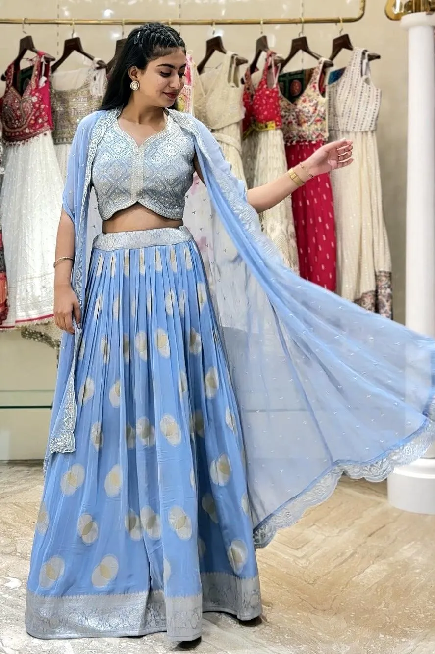 Blue Banaras, Stone, Sequins, Zari and Thread work Overcoat Styled Crop Top Lehenga