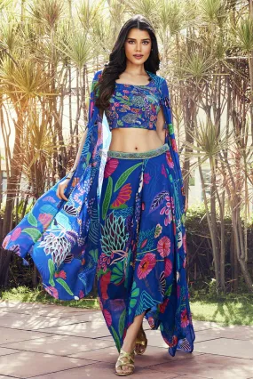 Blue Beads and Sequins work with Digital Print Overcoat and Dhoti Styled Crop Top Set