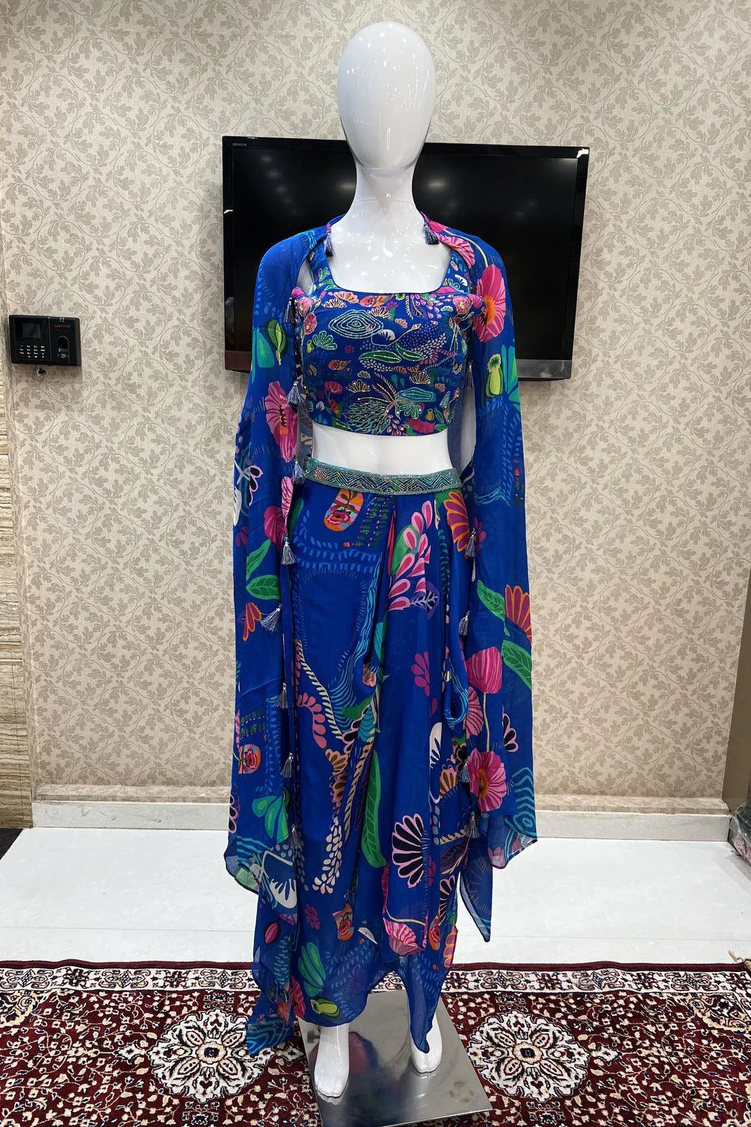 Blue Beads and Sequins work with Digital Print Overcoat and Dhoti Styled Crop Top Set