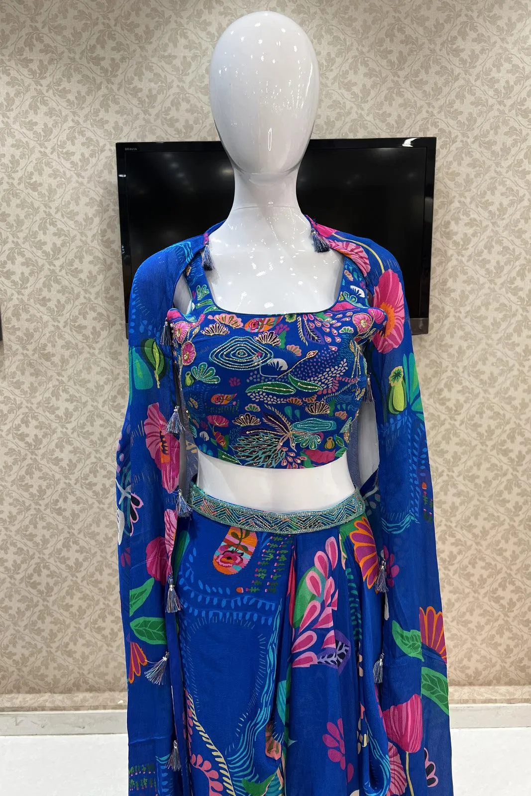 Blue Beads and Sequins work with Digital Print Overcoat and Dhoti Styled Crop Top Set