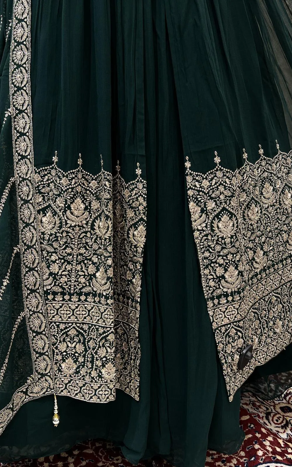 Bottle Green Beads, Sequins and Zari work Mastani Styled Long Top Lehenga