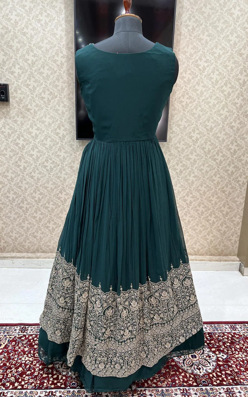 Bottle Green Beads, Sequins and Zari work Mastani Styled Long Top Lehenga