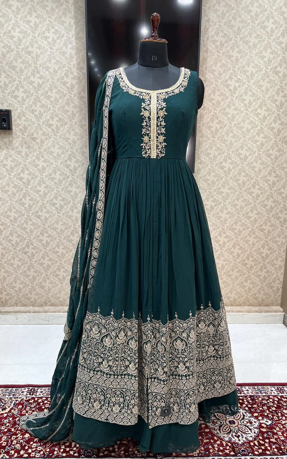 Bottle Green Beads, Sequins and Zari work Mastani Styled Long Top Lehenga