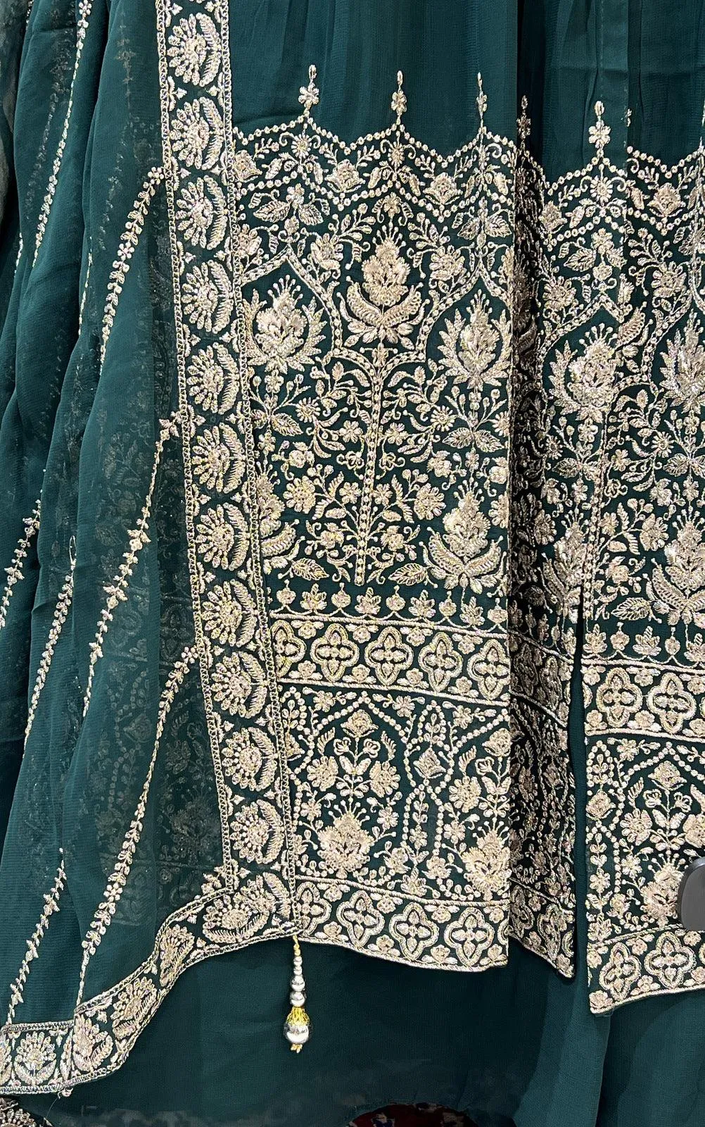 Bottle Green Beads, Sequins and Zari work Mastani Styled Long Top Lehenga