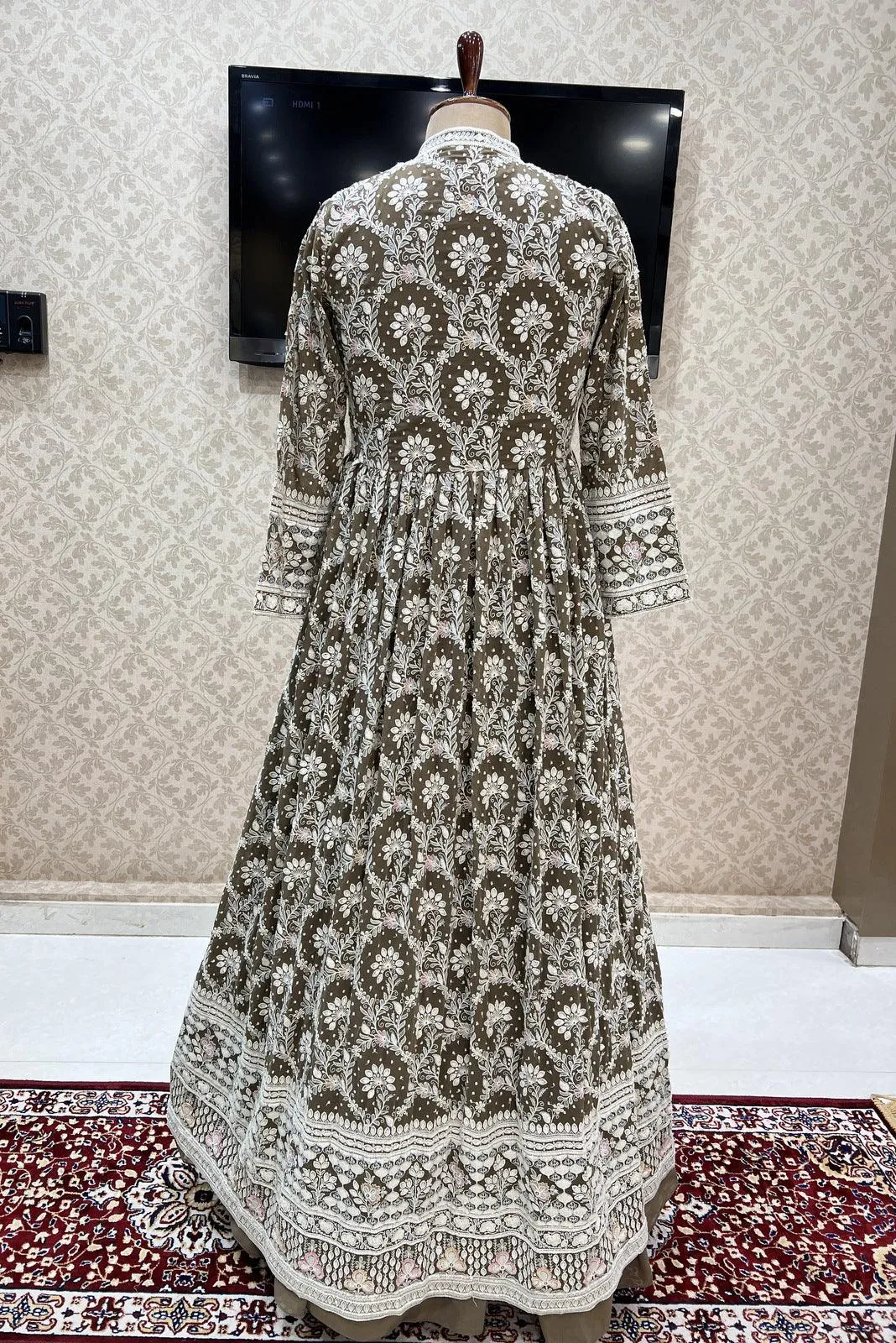 Brown Lucknowi Thread and Sequins work Mastani Styled Long Top Lehenga