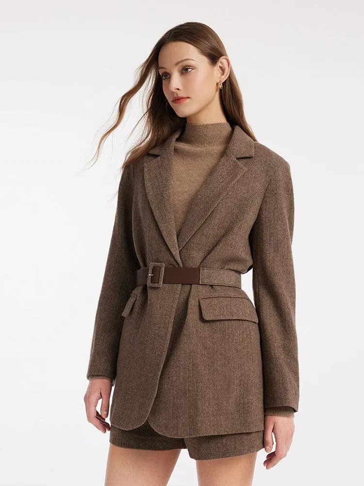 Brown Washable Woollen Sheath Gathered Waist Blazer