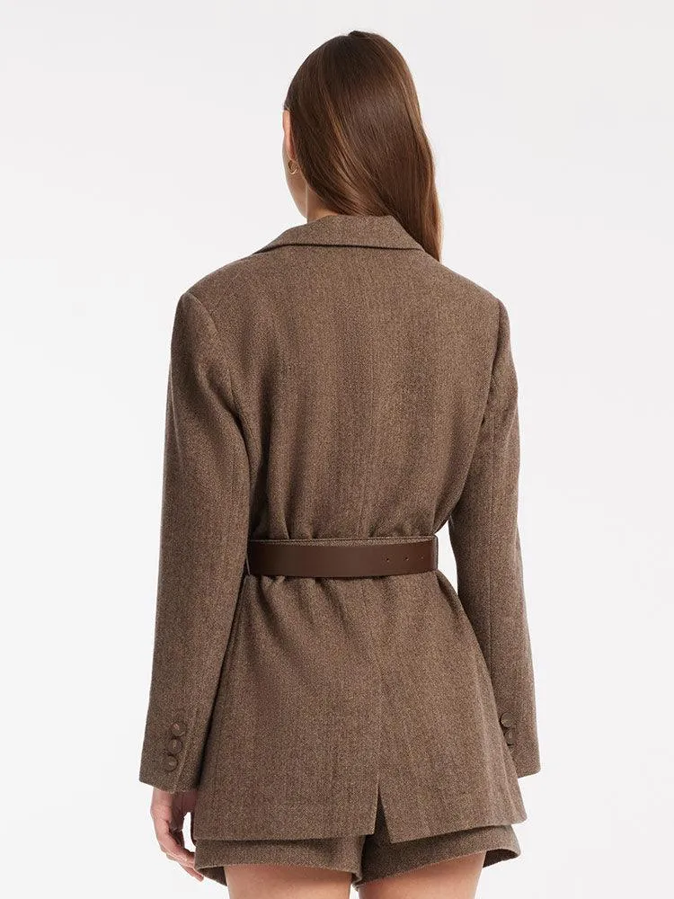 Brown Washable Woollen Sheath Gathered Waist Blazer