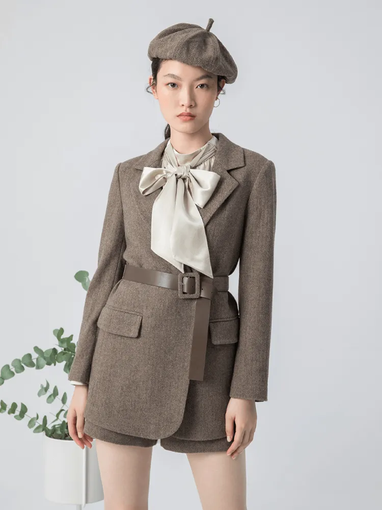 Brown Washable Woollen Sheath Gathered Waist Blazer