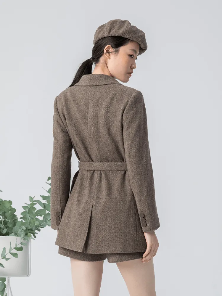 Brown Washable Woollen Sheath Gathered Waist Blazer