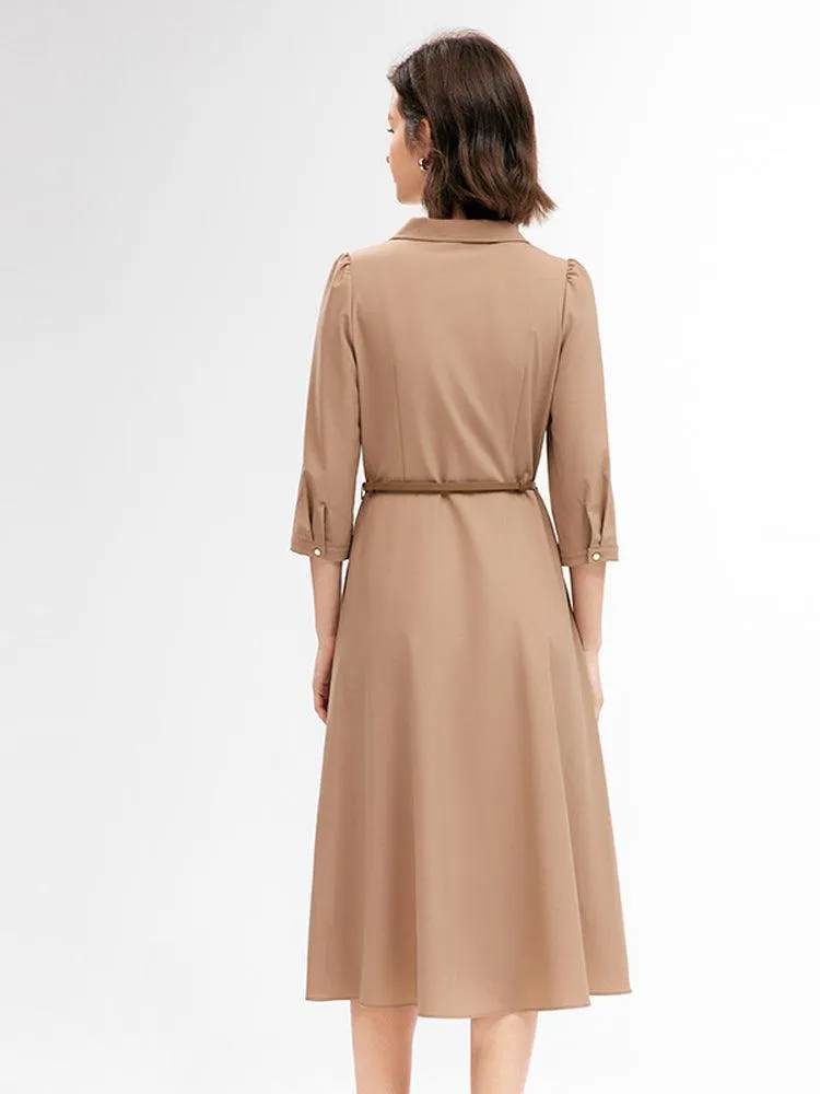 Camel Silk & Wool Gathered Waist Dress