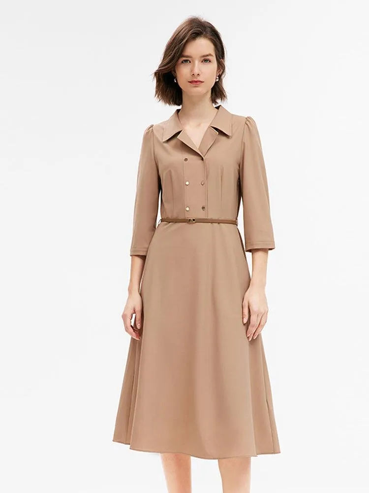 Camel Silk & Wool Gathered Waist Dress