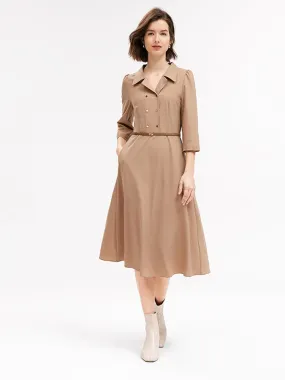 Camel Silk & Wool Gathered Waist Dress