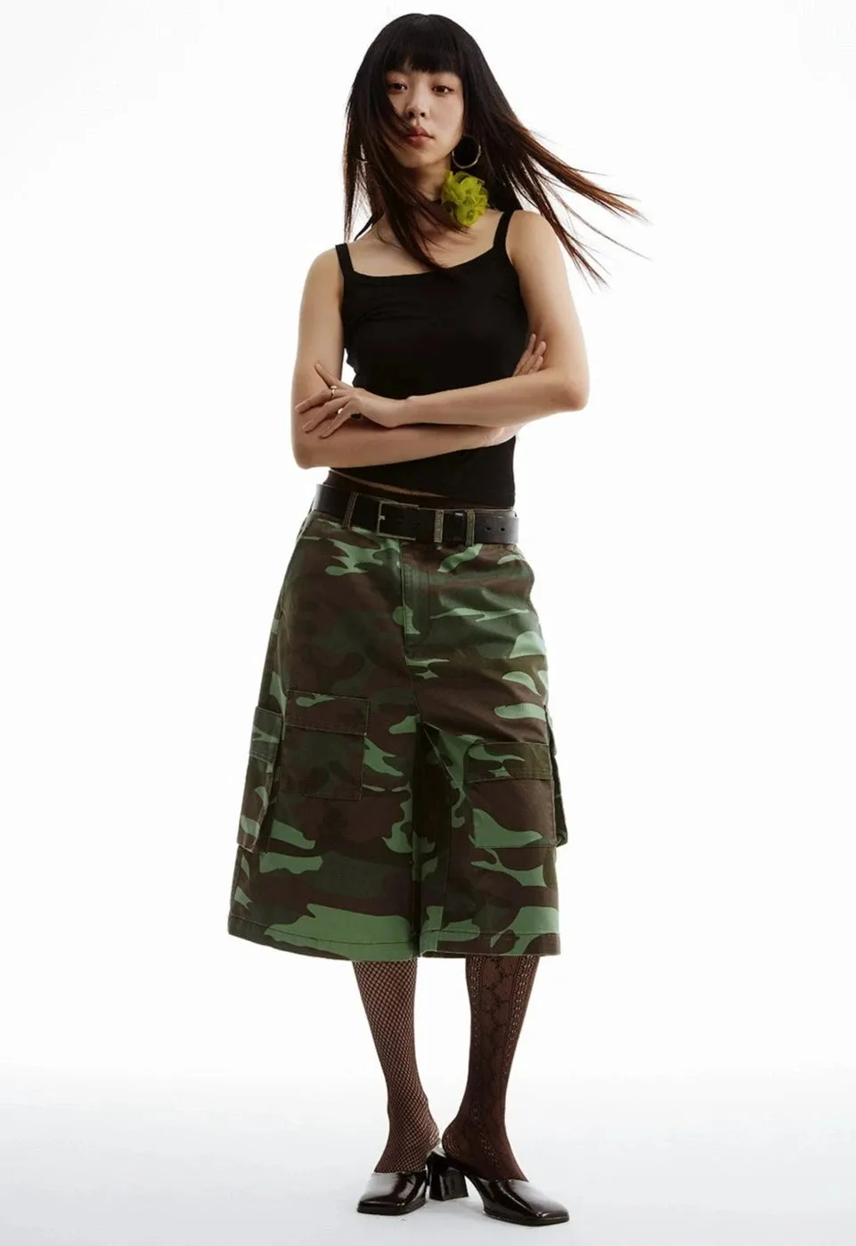 Camouflage Cargo Culotte Shorts with Pockets