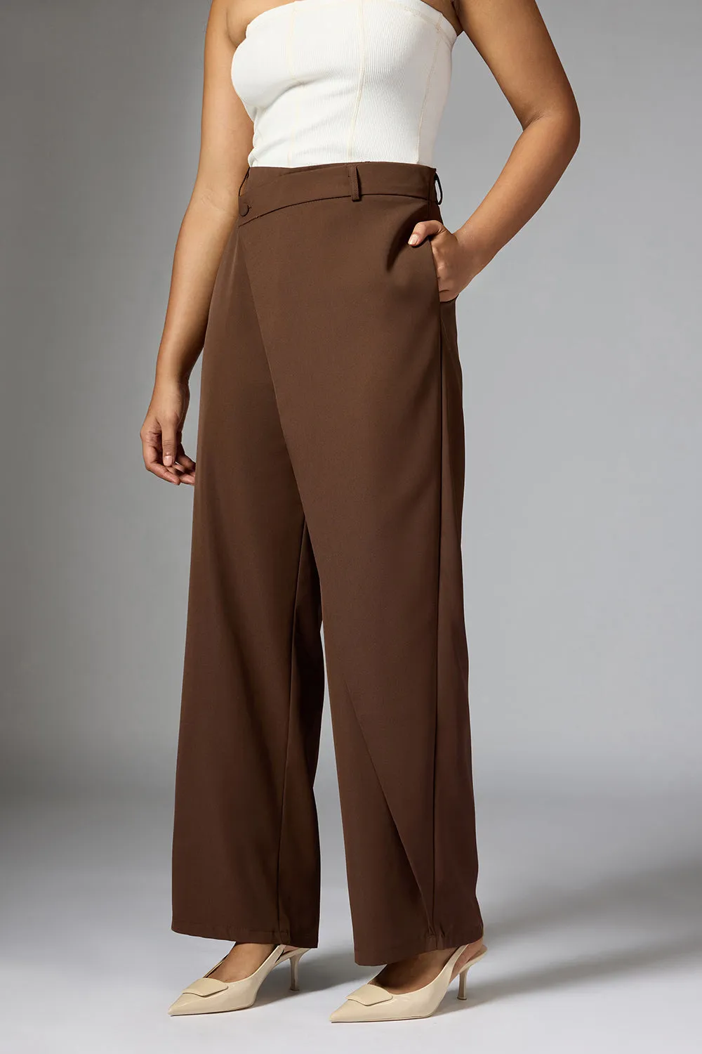 Cedar Brown Wrap Front Korean Pants