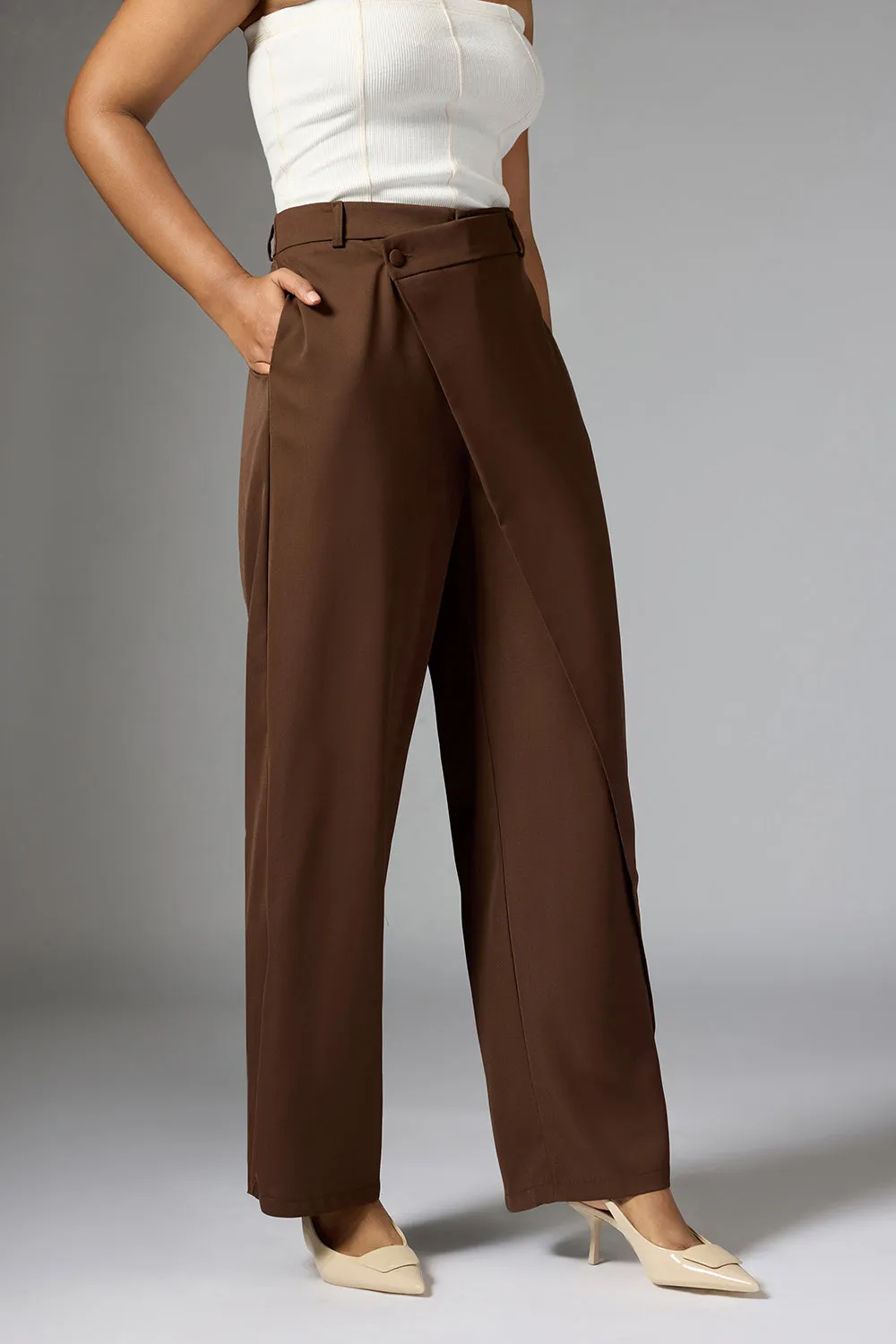 Cedar Brown Wrap Front Korean Pants