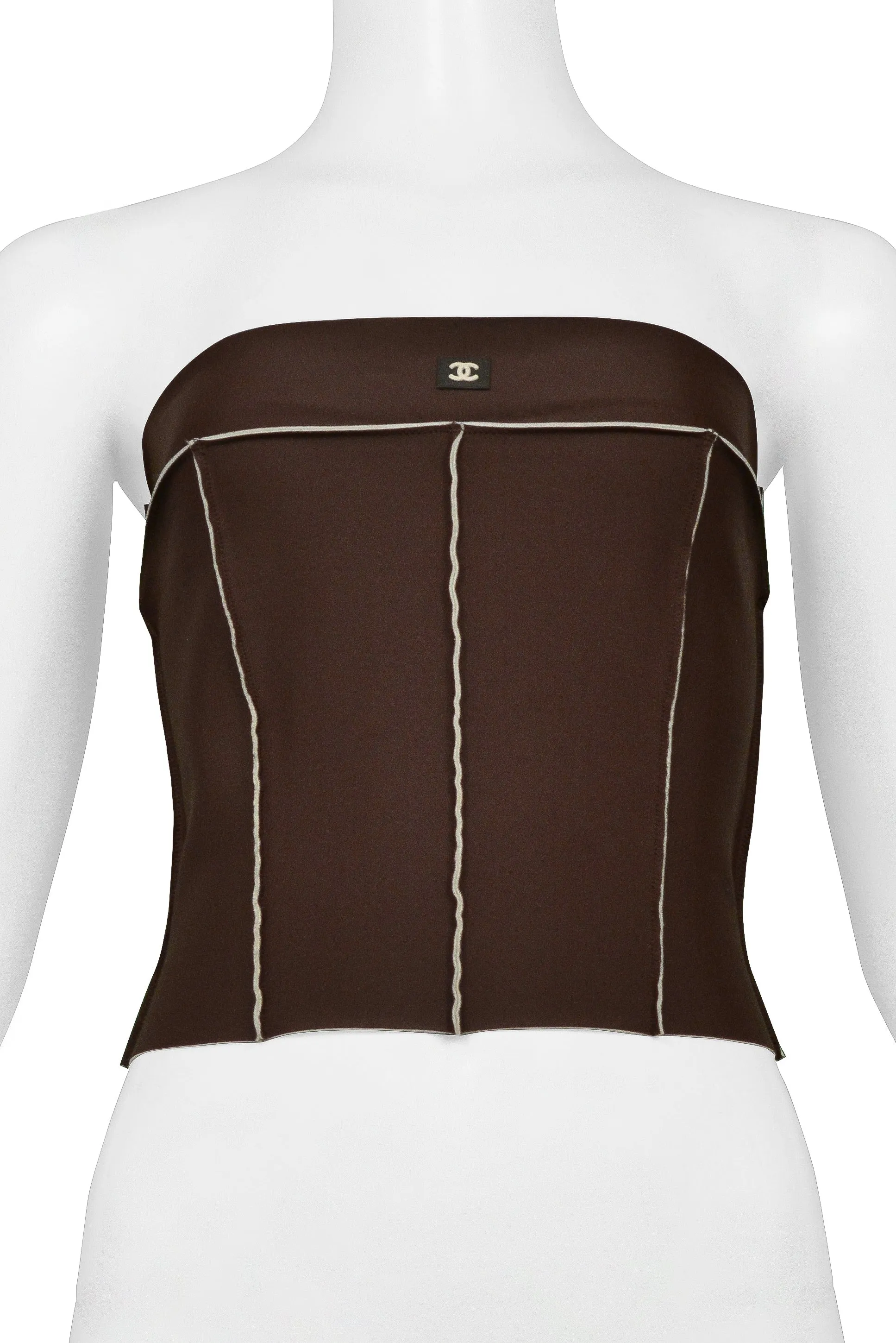 CHANEL BROWN & WHITE NEOPRENE CORSET TOP SS 1999