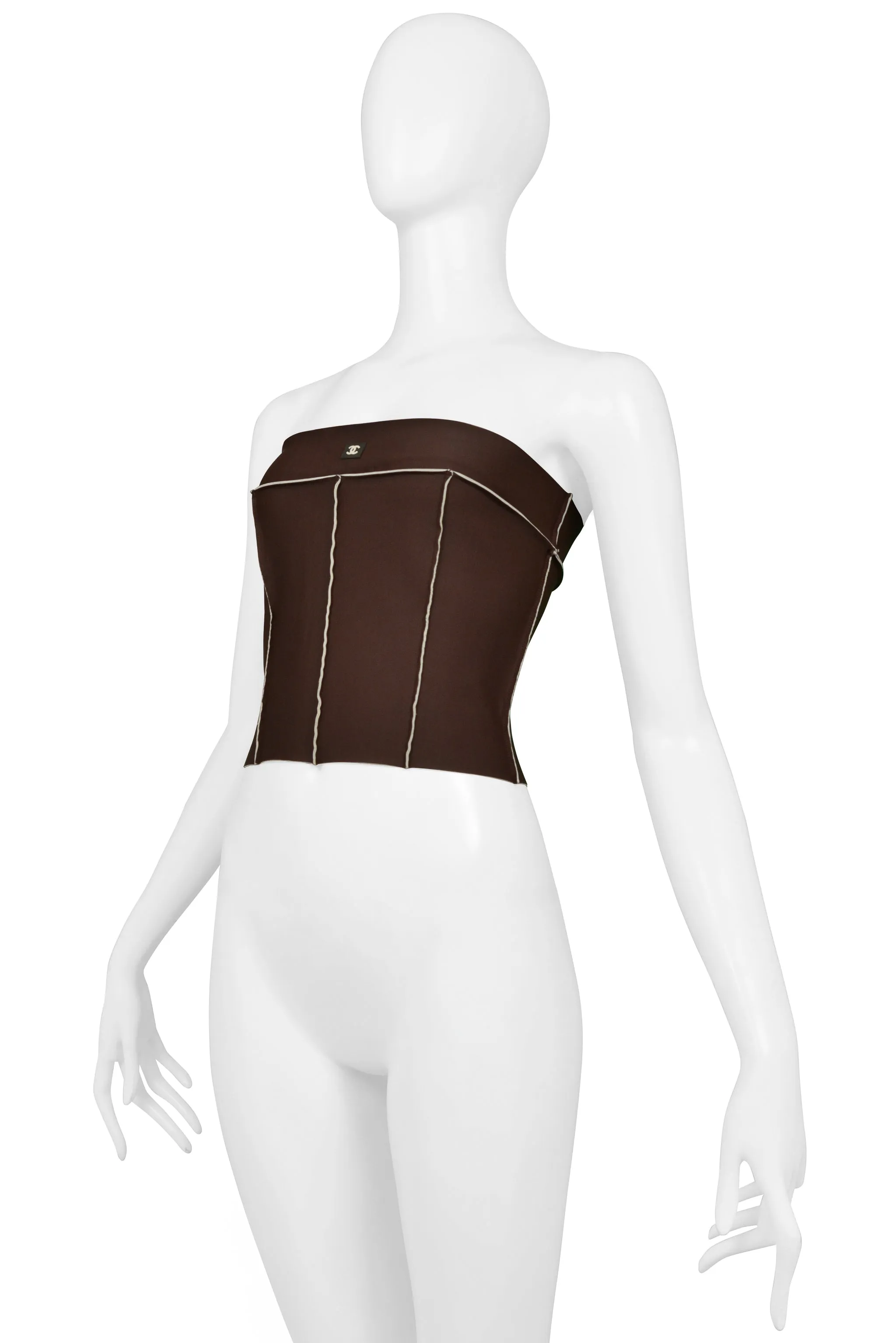 CHANEL BROWN & WHITE NEOPRENE CORSET TOP SS 1999