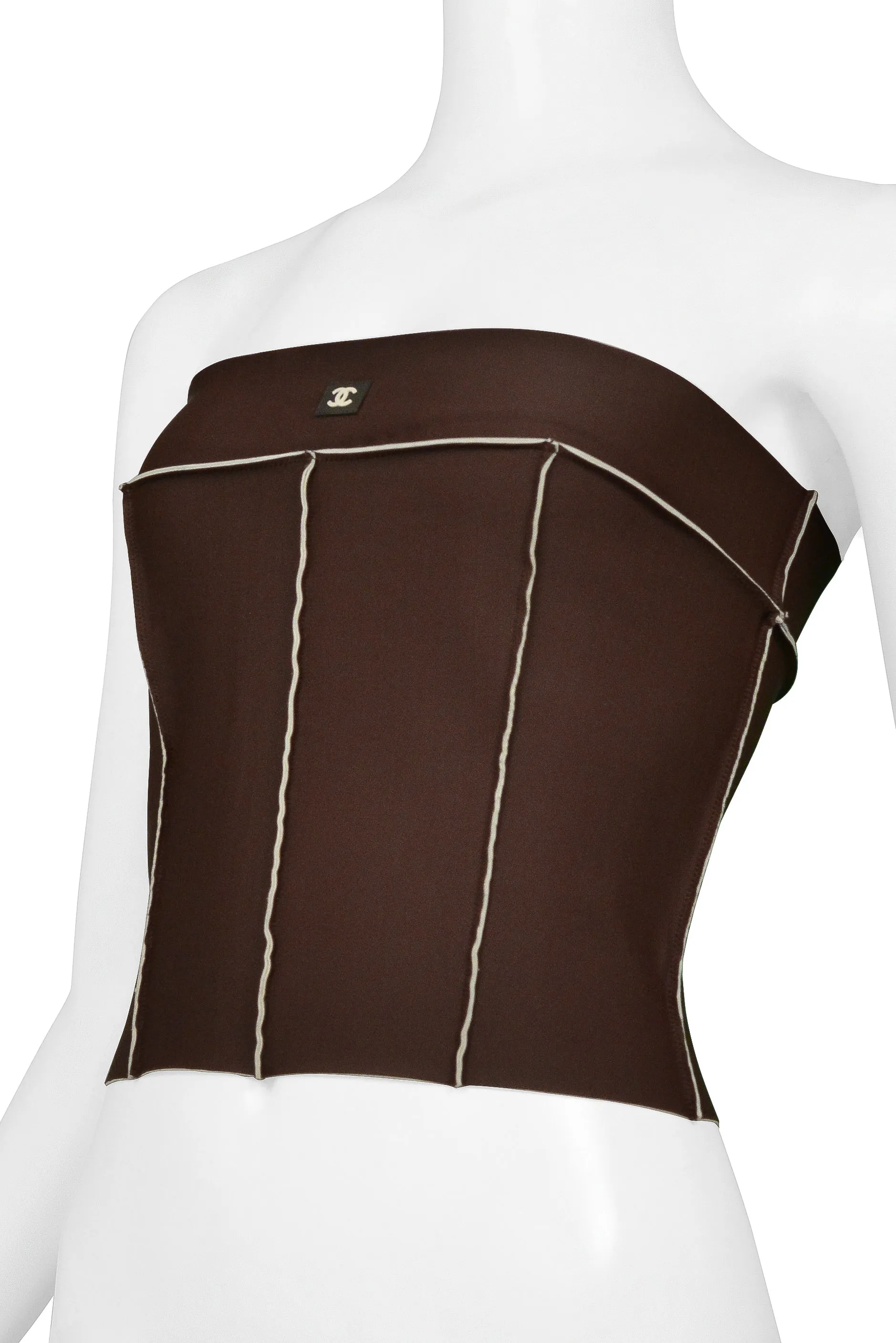 CHANEL BROWN & WHITE NEOPRENE CORSET TOP SS 1999