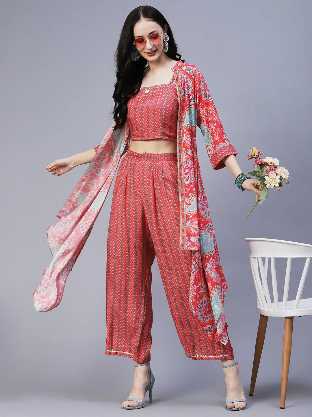 Chevron Printed Resham Embroidered Crop Top With Palazzo & Floral Angular Cut Jacket - Coral