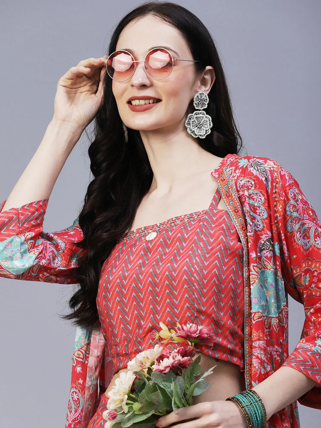 Chevron Printed Resham Embroidered Crop Top With Palazzo & Floral Angular Cut Jacket - Coral