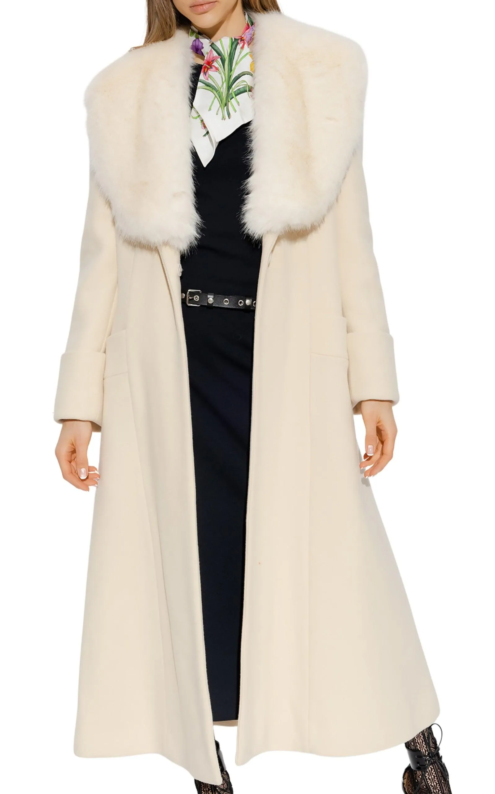 Cosmogonie Belted Faux Fur-Trimmed Wool-Blend Coat