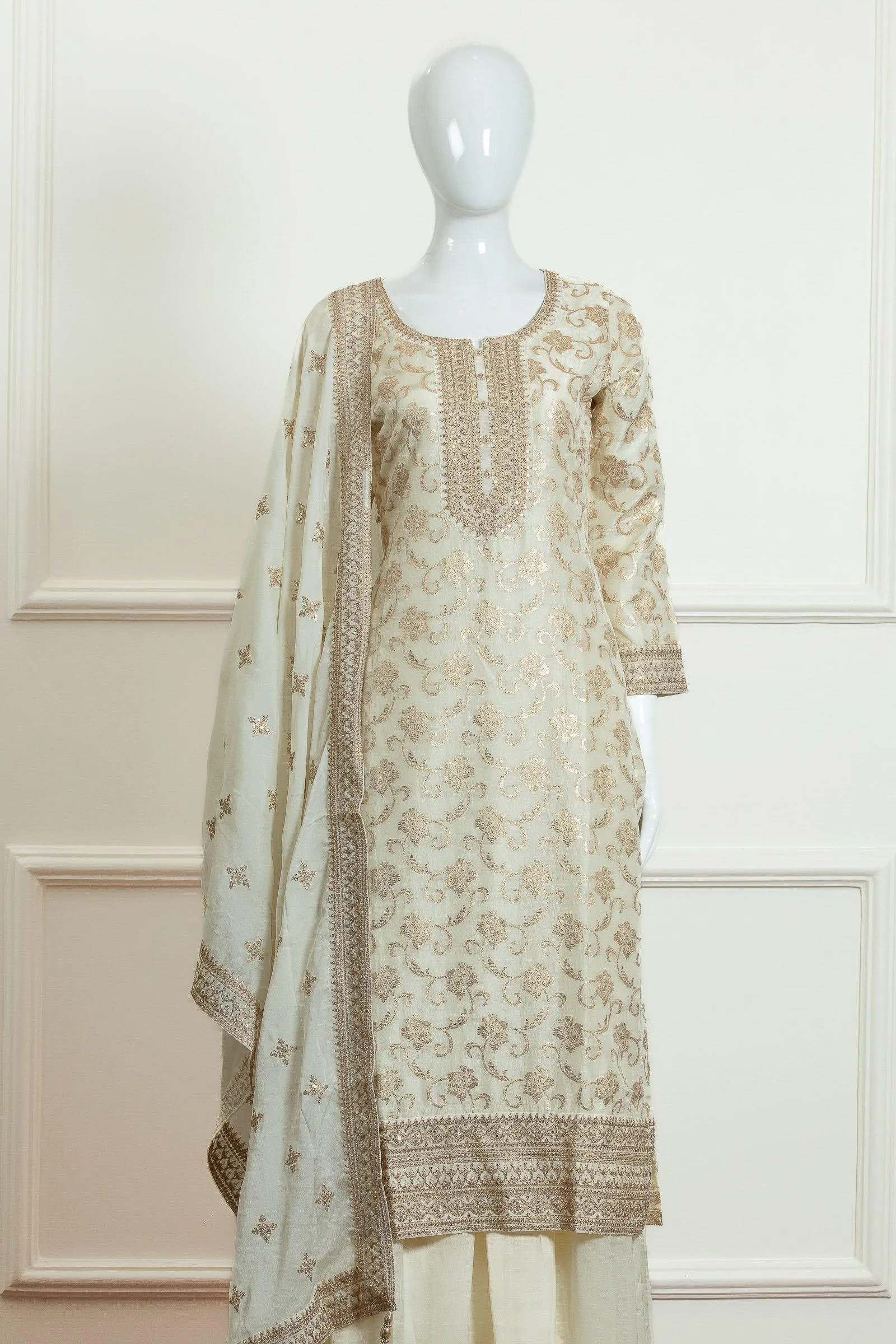 Cream Banaras, Zari and Sequins work Palazzo Suit Set