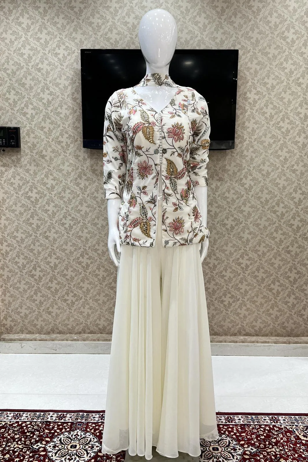 Cream Multicolor Embroidery, Sequins and Beads work Palazzo Suit Set