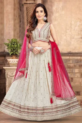 Cream Multicolor Thread, Sequins and Zari work Crop Top Lehenga