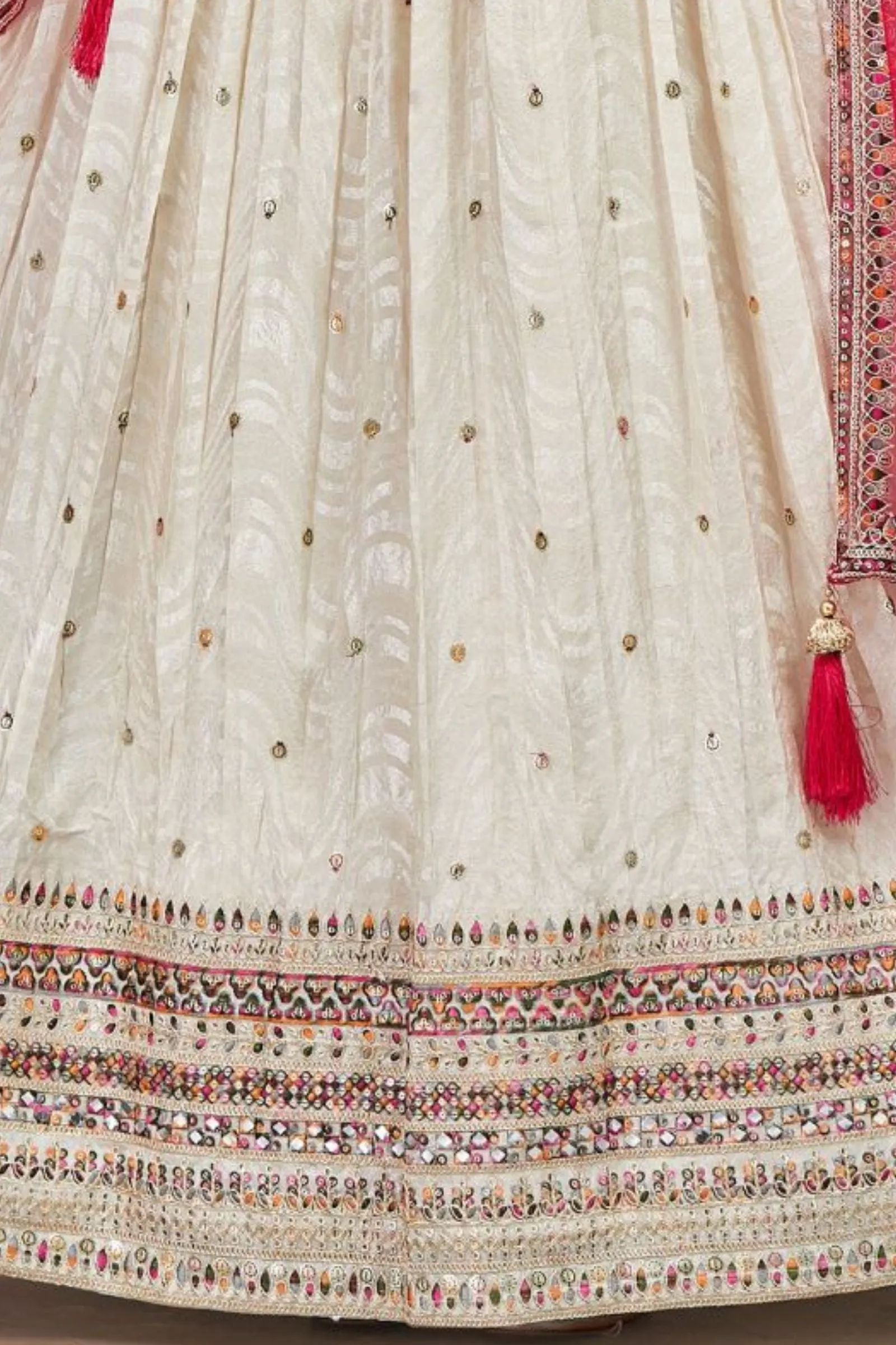 Cream Multicolor Thread, Sequins and Zari work Crop Top Lehenga