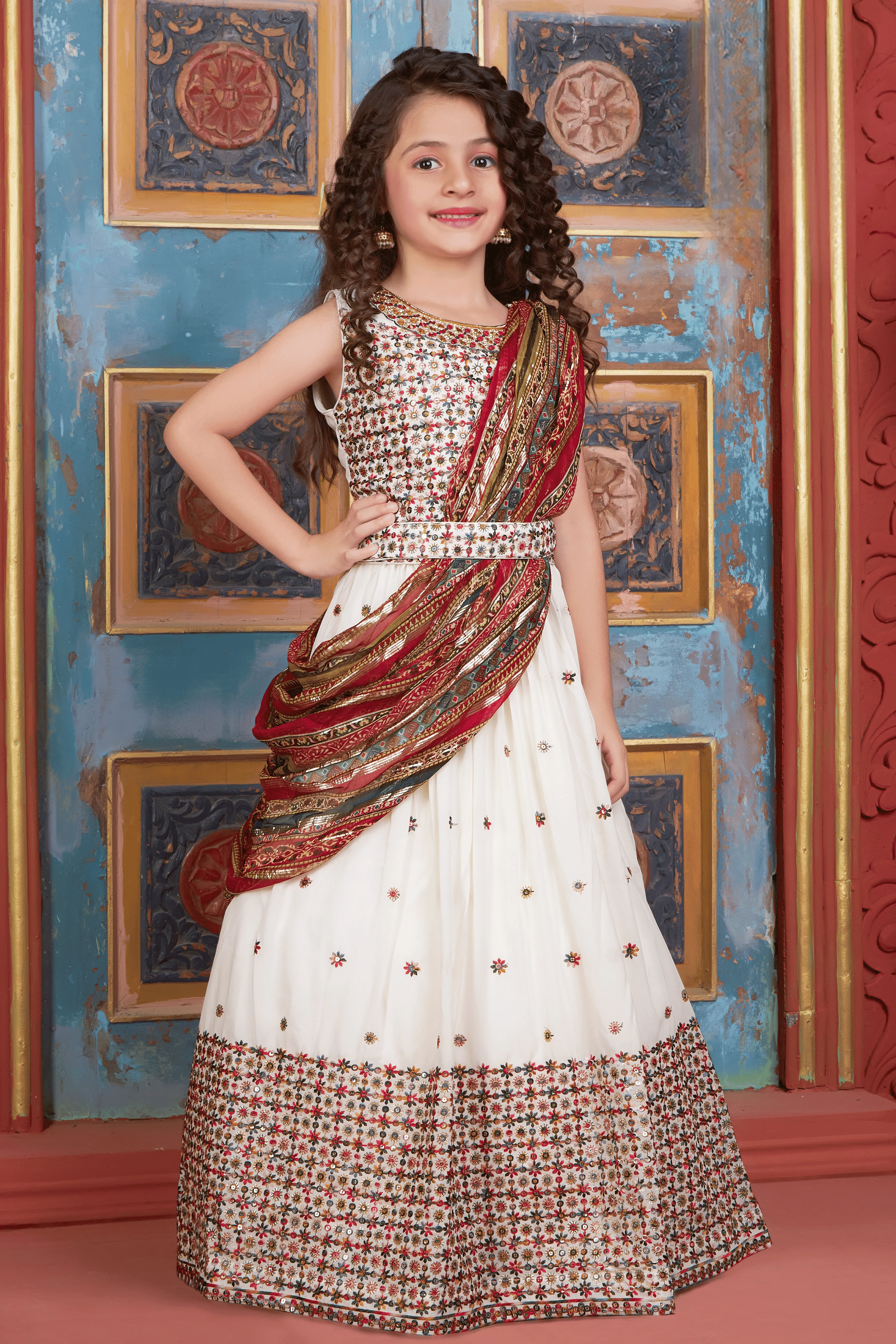 Cream Multicolor Thread, Sequins, Mirror, Stone  and Zardozi work Lehenga Choli for Girls