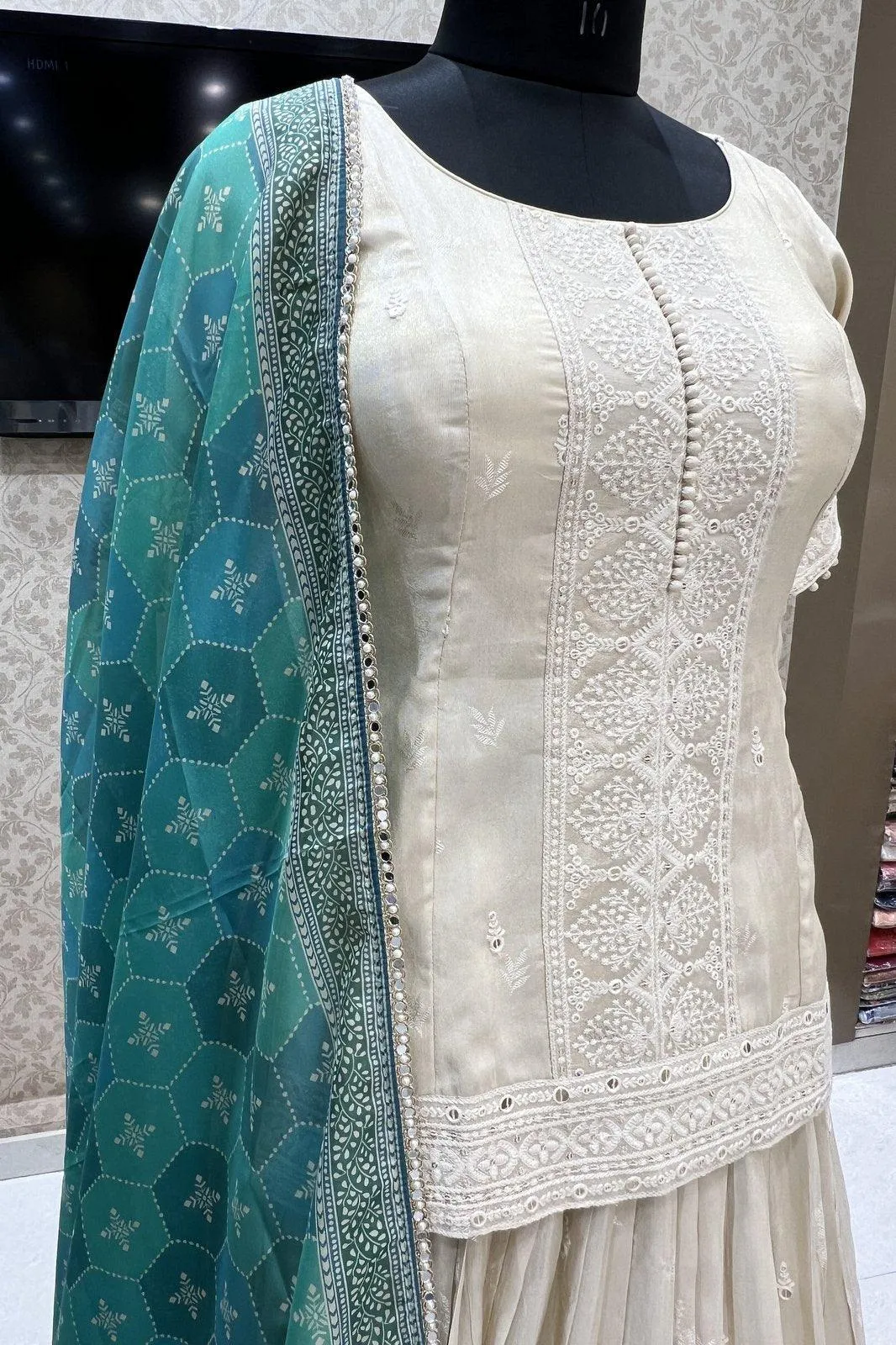 Cream Self Print, Sequins and Thread work Top with Lehenga