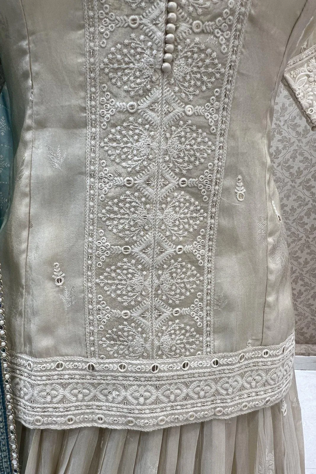 Cream Self Print, Sequins and Thread work Top with Lehenga