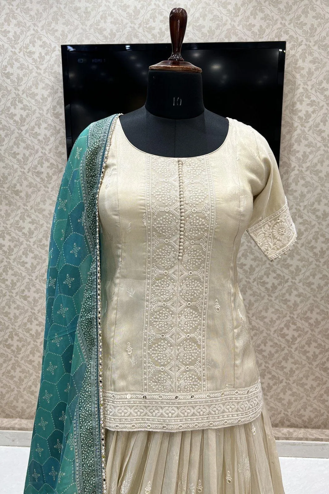 Cream Self Print, Sequins and Thread work Top with Lehenga