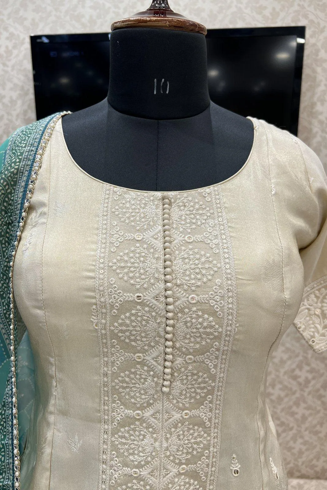 Cream Self Print, Sequins and Thread work Top with Lehenga