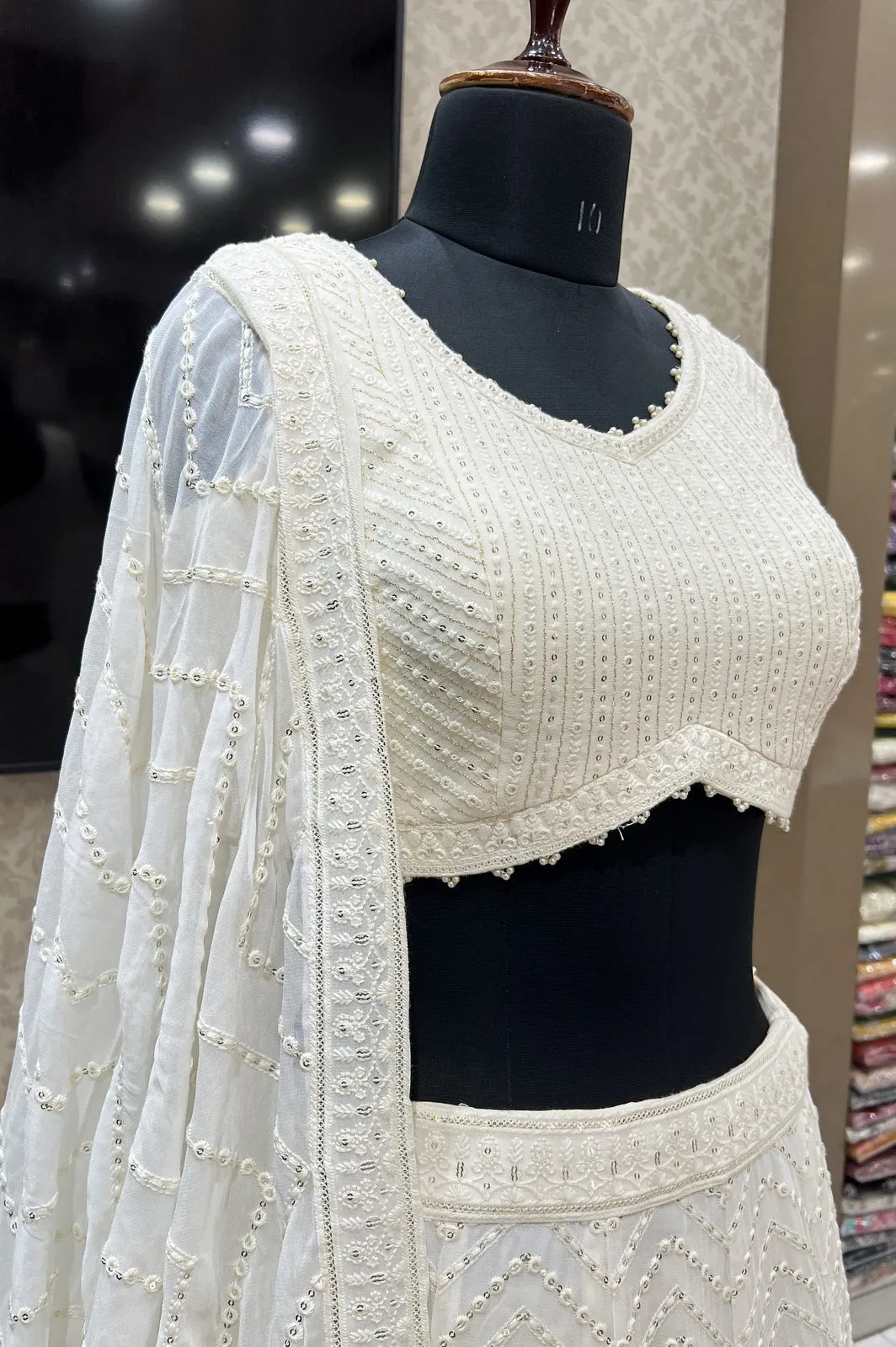 Cream Sequins and Thread work Crop Top Lehenga