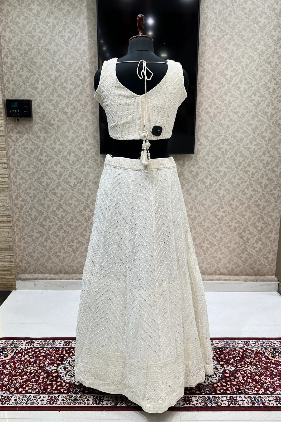 Cream Sequins and Thread work Crop Top Lehenga