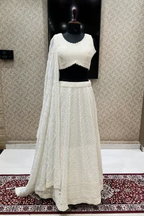 Cream Sequins and Thread work Crop Top Lehenga