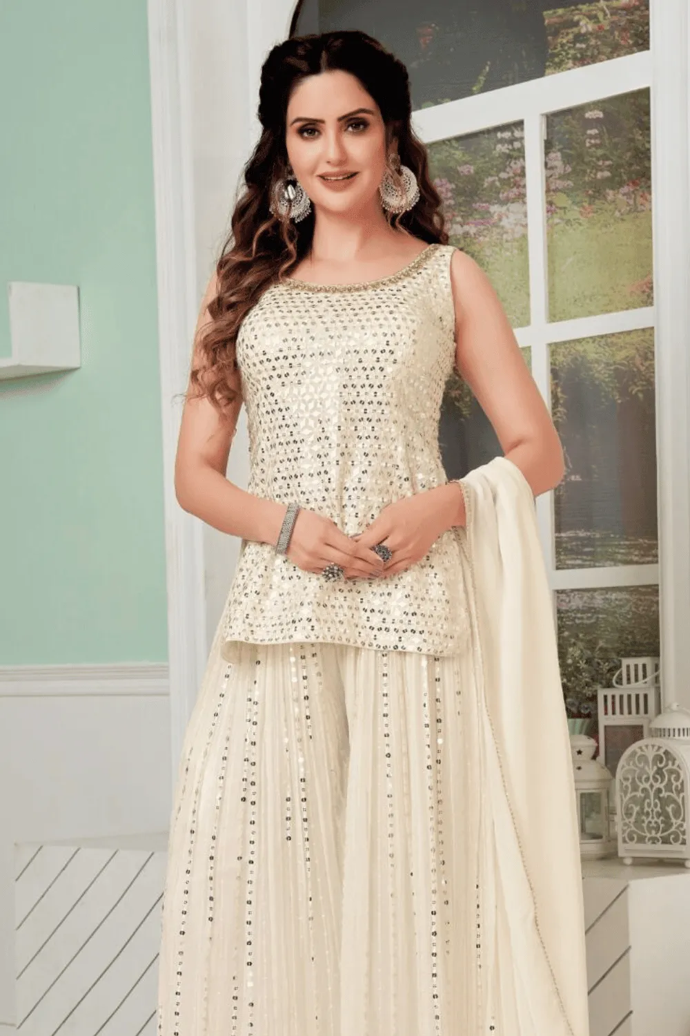 Cream Sequins, Thread, Stone, Beads and Mirror work Palazzo Suit Set