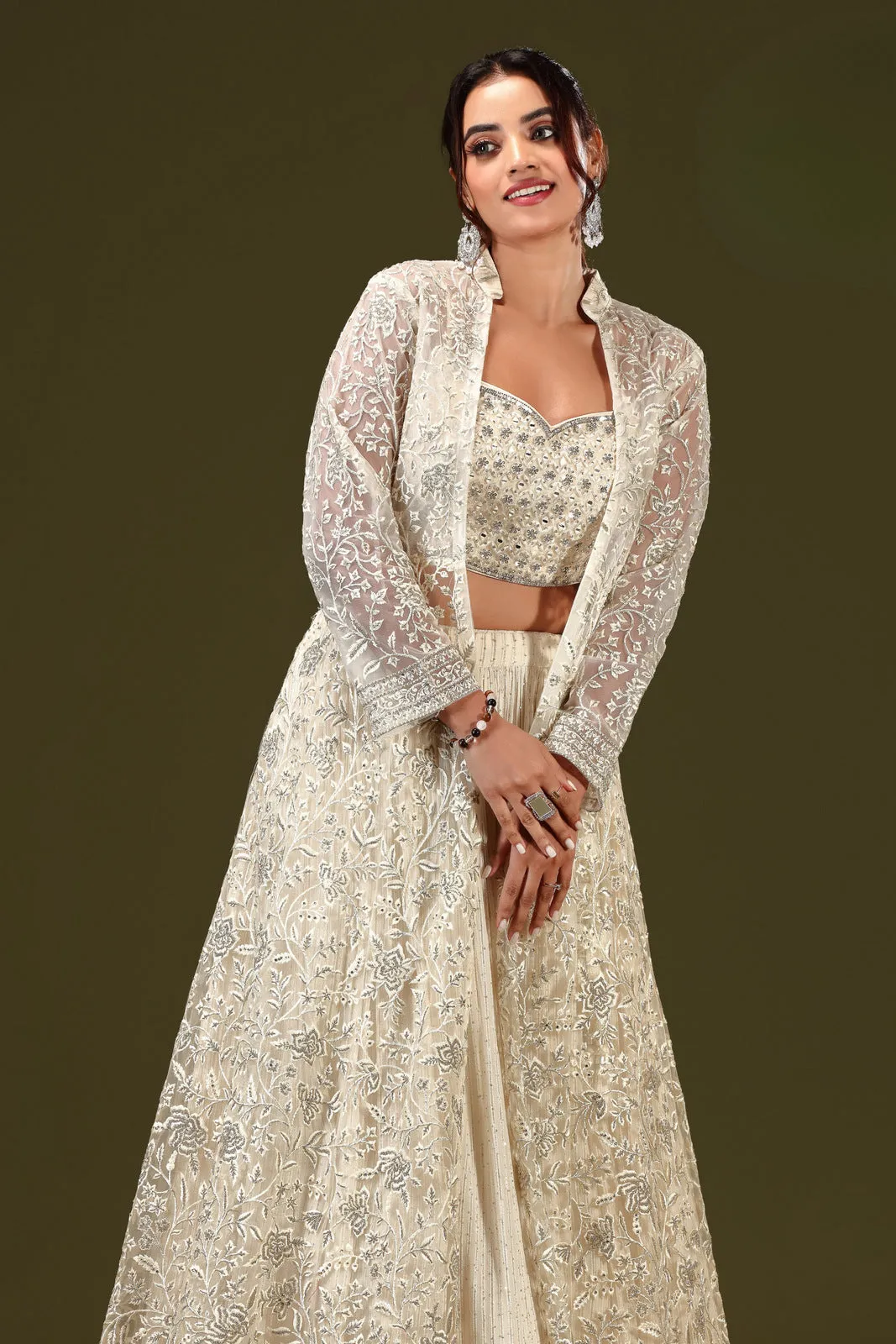 Cream Stone, Mirror and Embroidery work Long Overcoat Styled Crop Top Lehenga